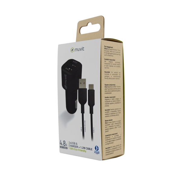 Muvit For Change - muvit for change pack cargador coche USB 2 puertos 2.4A + cable 1.2m tipo C negro