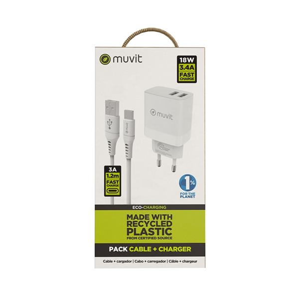 Muvit For Change - muvit for change pack cargador de pared 2 USB 3,4A + Cable Tipo C 3A 1,2m blanco