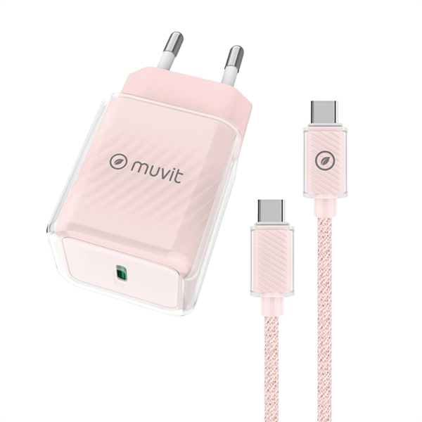 Muvit For Change - muvit for change pack cargador de pared Glass Tipo C PD 30W + cable tipo C a tipo C 3A 1m rosa