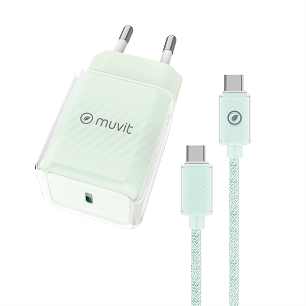 Muvit For Change - muvit for change pack cargador de pared Glass Tipo C PD 30W + cable tipo C a tipo C 3A 1m verde