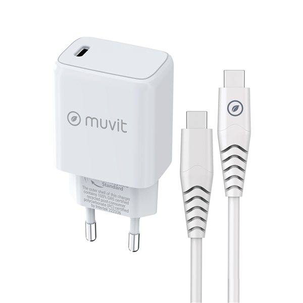 Muvit For Change - muvit for change pack cargador de pared Tipo C PD 25W + cable tipo C a tipo C 3A 1m blanco