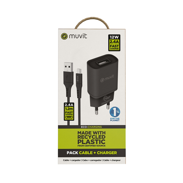 Muvit For Change - muvit for change pack cargador de pared USB 2.4A 12W + Cable Micro USB 2.4A 1,2m negro