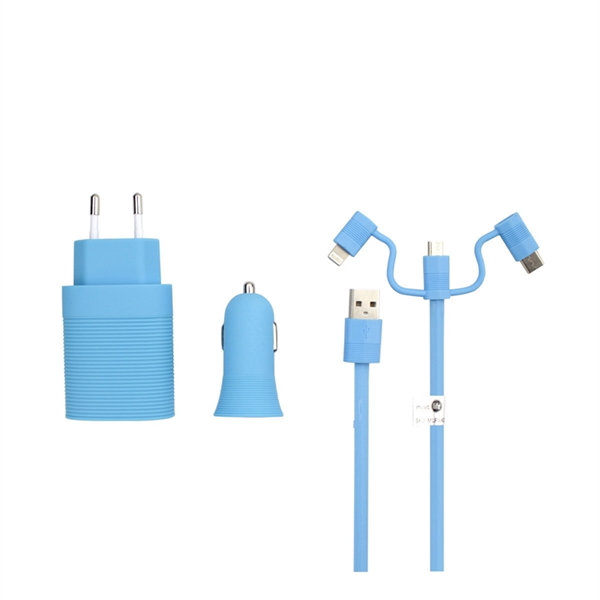 Muvit Life - muvit life pack cargador de coche usb+cargador de casa usb+cable 3 en 1 micro usb, tipo C y lightnin